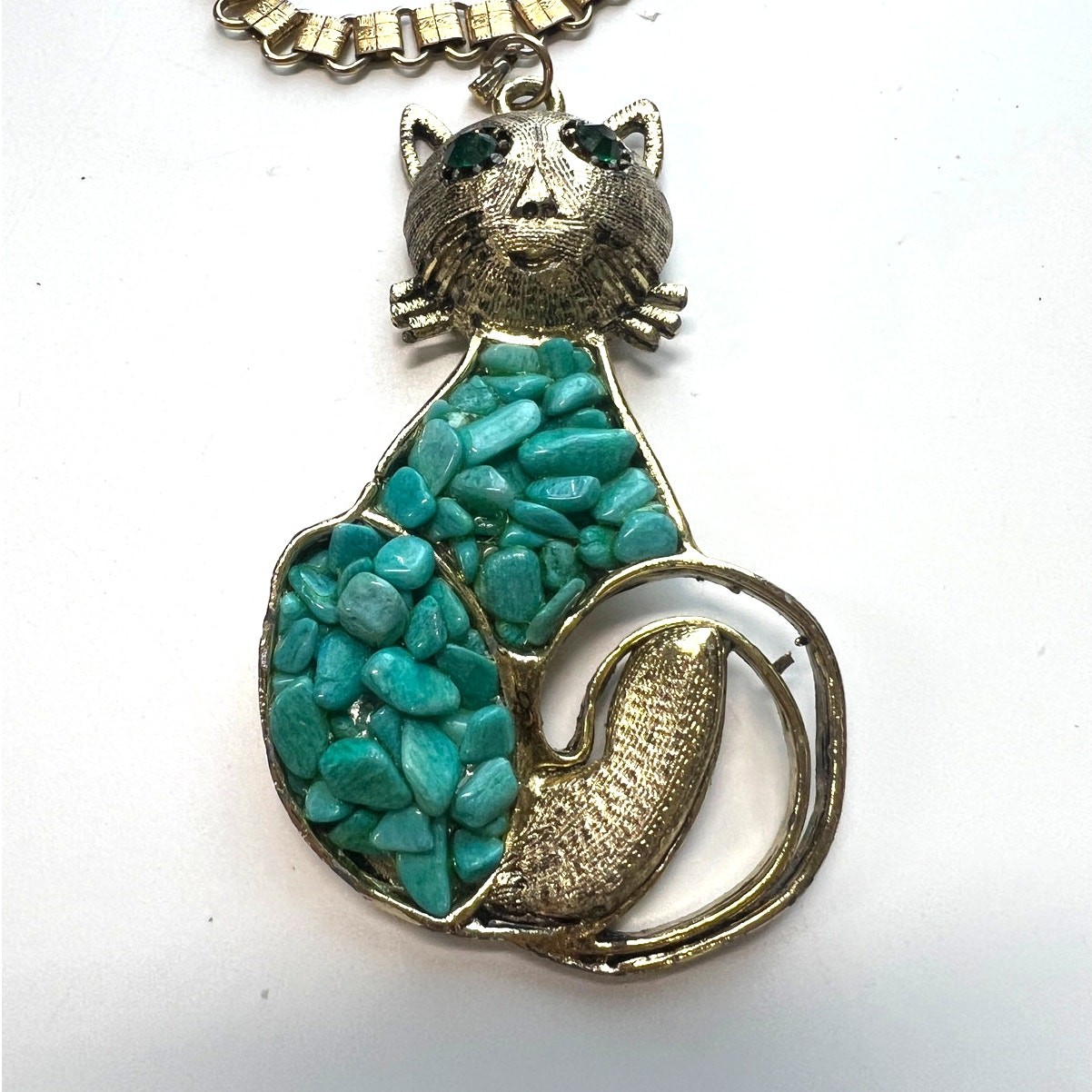 MCM 60’s vintage goldtone cat pendant necklace turquoise body statement 16″