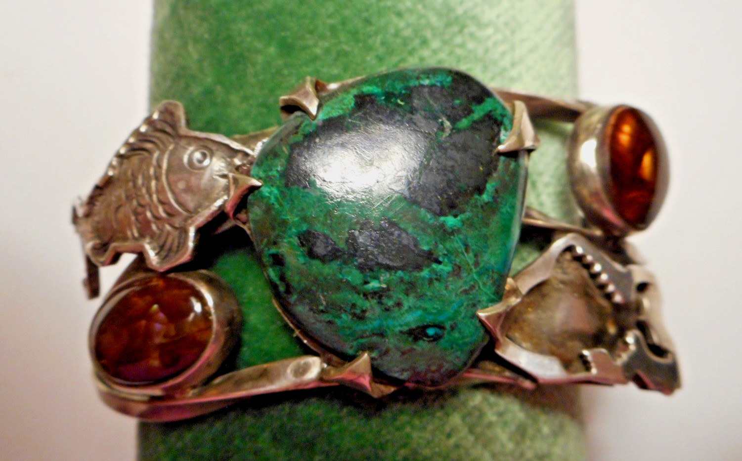 Sterling Artisan Modernist Cuff Bracelet w Chrysocolla Stone & Fish Motifs 49.8g
