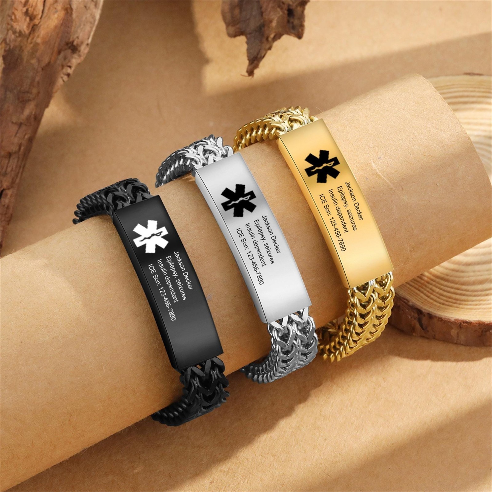 2PCS Free Engraving Medical ID Bracelet Stainless Steel Emergency Wristband