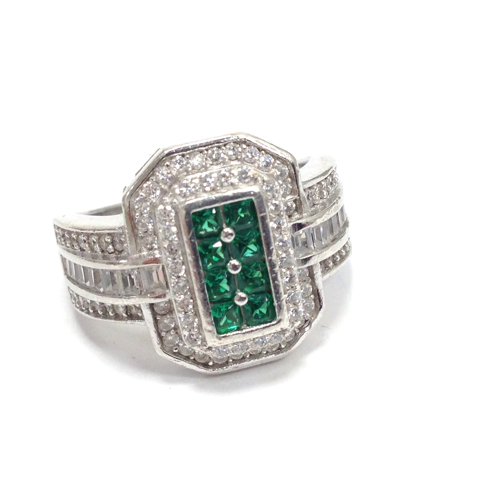 Fuzion Creations FZN Signed 925 Sterling Silver Green & Clear CZ Ring Size 7