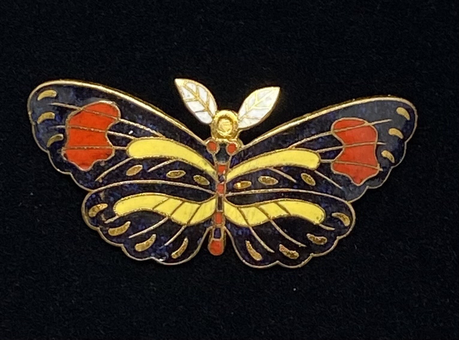 Vintage Cloisonne Butterfly Brooch C Clasp Pendant China Black Yellow Red Enamel