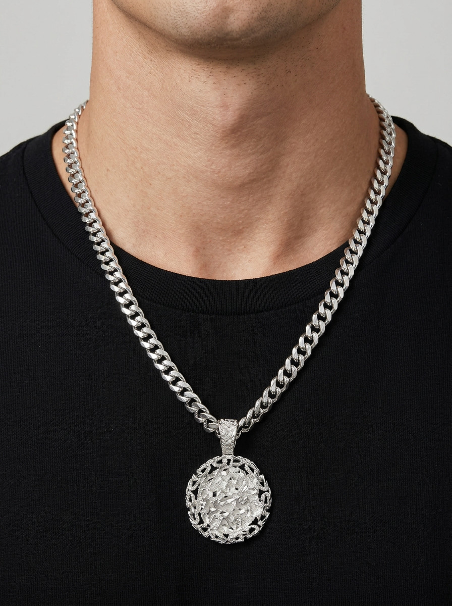 Large Silver Nugget Necklace 7mm Curb Chain Rhodium Plated For Men