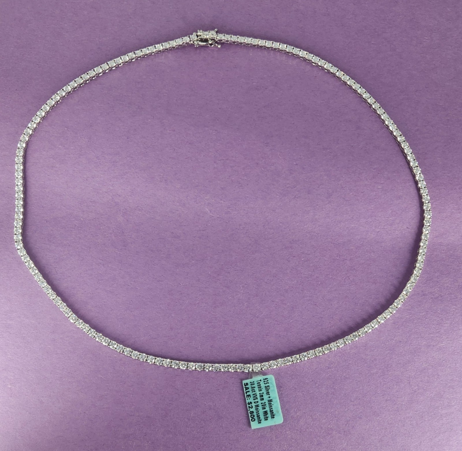 925 Silver + Moissanite 30.0 ct VVM 3mm 20″ Tennis Necklace
