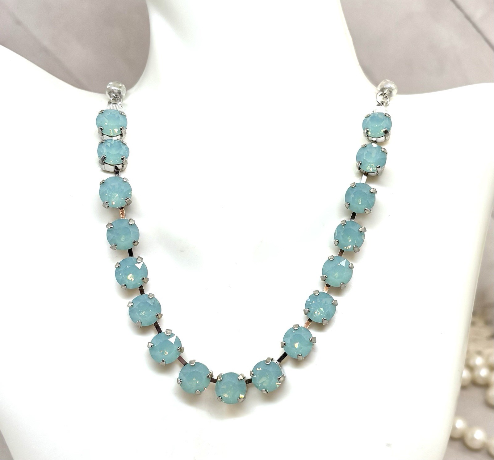Rhodium Silver Plated Mint Green Pacific Opal Crystal Cup Chain Tennis Necklace