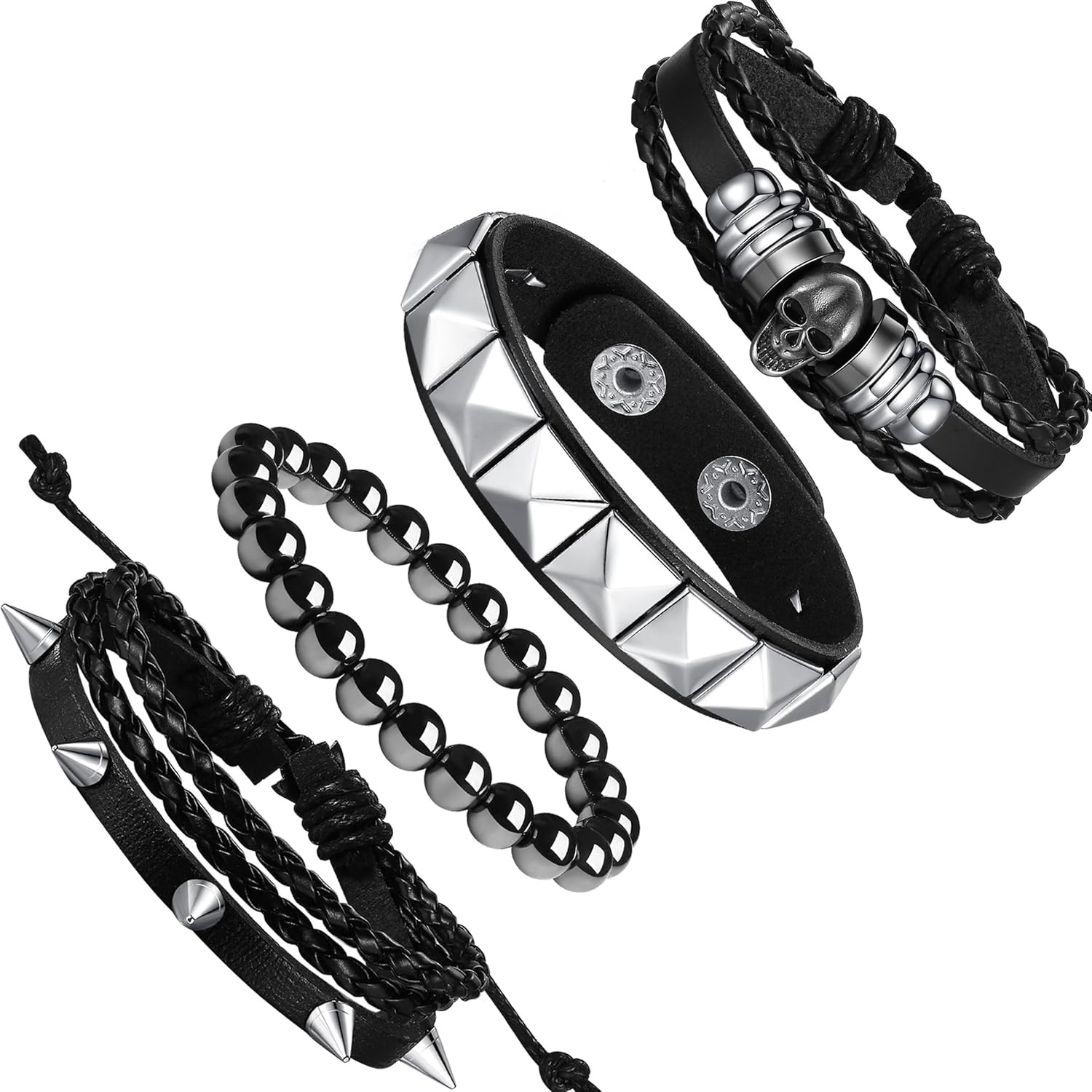 4Pcs 7.2-7.8in Punk Bracelets for Men Women Leather Spike Bracelet Metal Cuff…