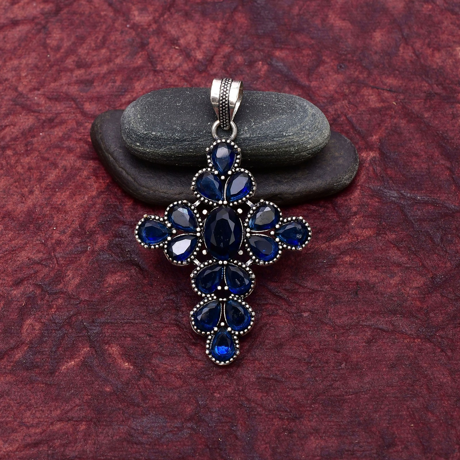 Blue Sapphire(Lab-Created) Gemstone 925 sterling silver Handmade Pendant : 2.75″