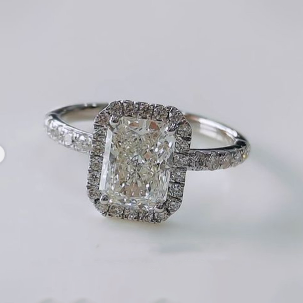 1.90 TCW Radiant Cut Moissanite Halo Engagement Ring in 14K White Gold Plated