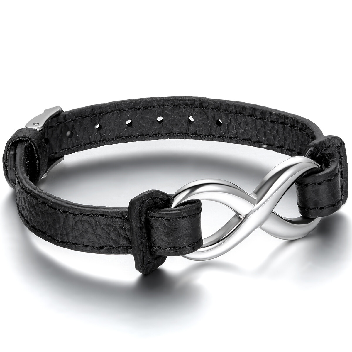 Mens Womens Leather Stainless Steel Bracelet Love Infinity Charm Bangle Black