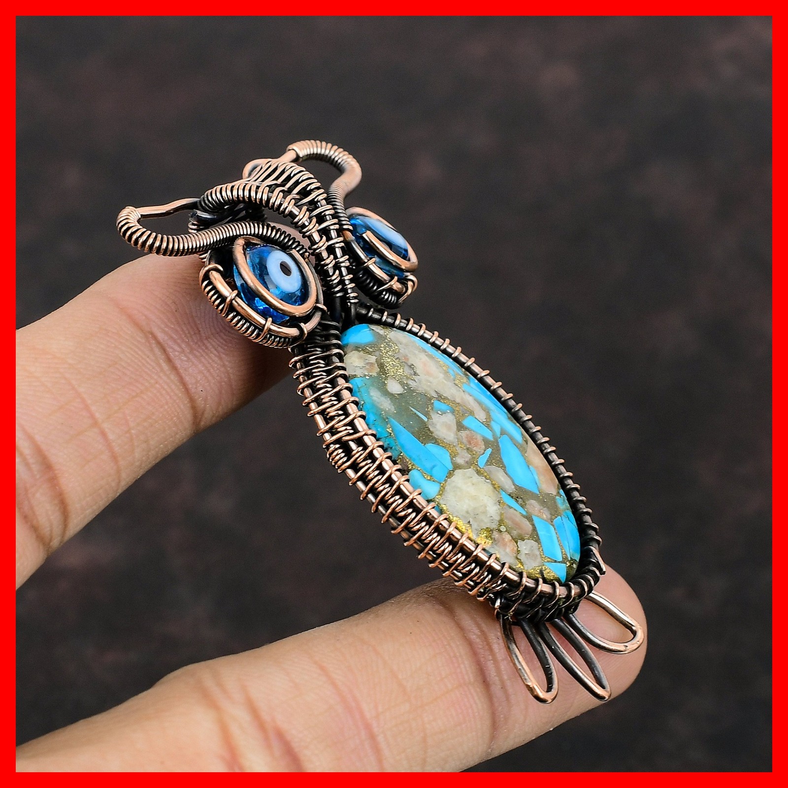 Copper Natural Pink Opal Copper Turquoise Blue Color Evil Eye Pendant Jewelry