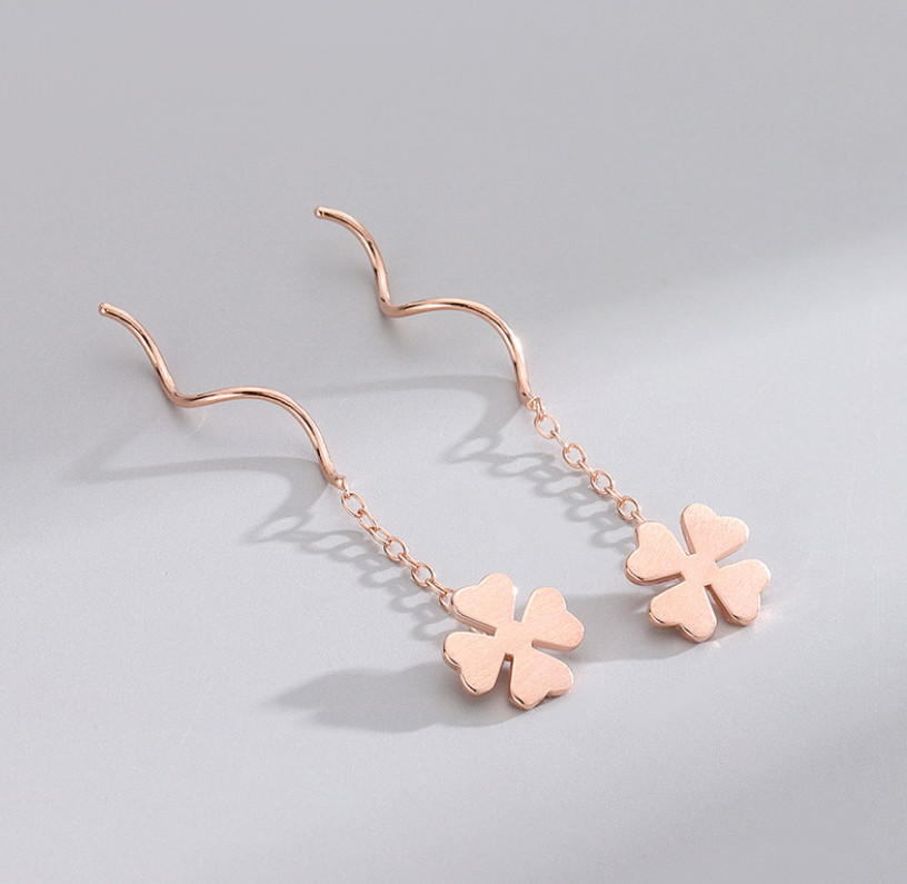 S925 Sterling Silver Wave Clover Dangle Pull Through Threader Stud Earrings K15
