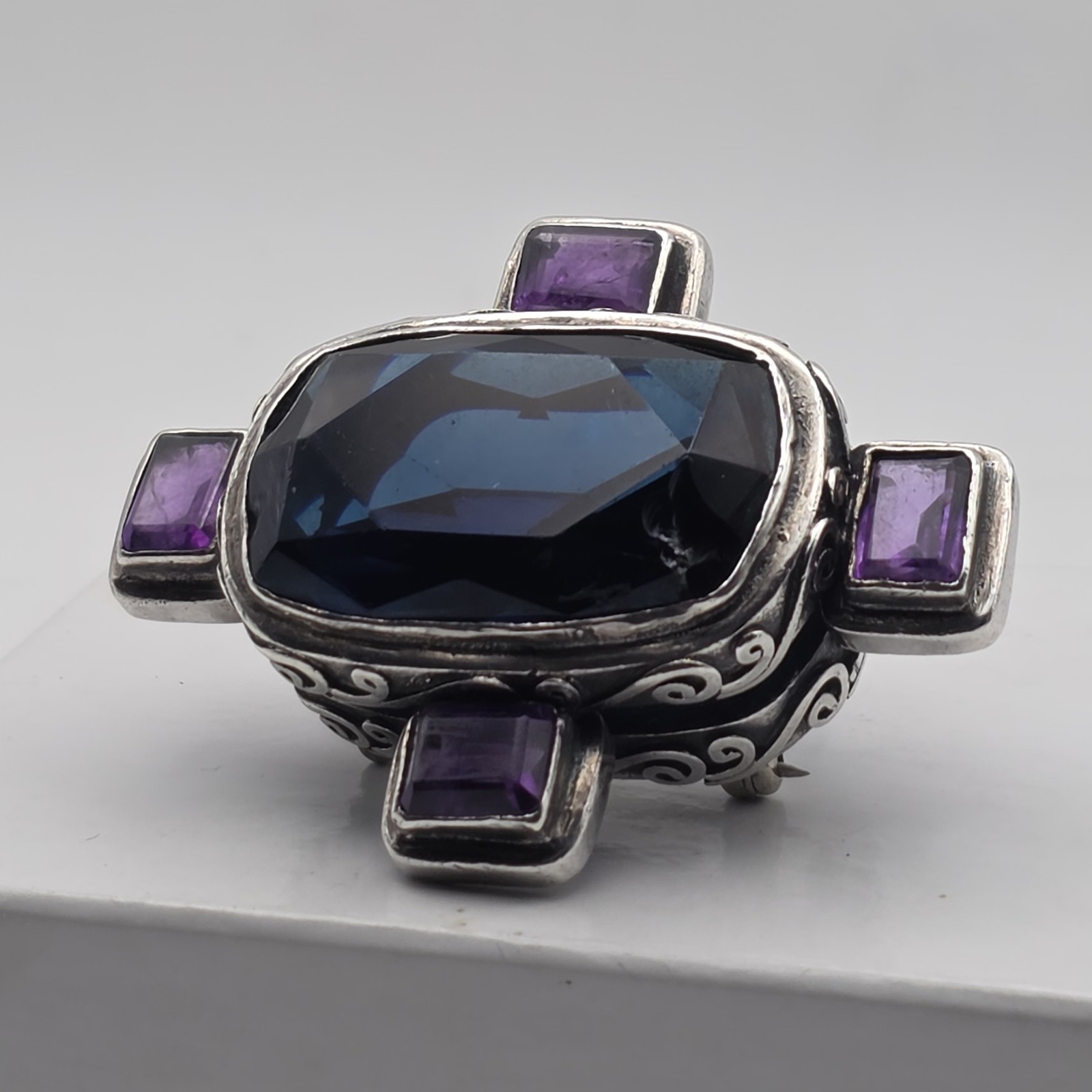 Vtg. Artisan 925 Silver Pendant Brooch Synth Sapphire Natural Amethyst 45+grams