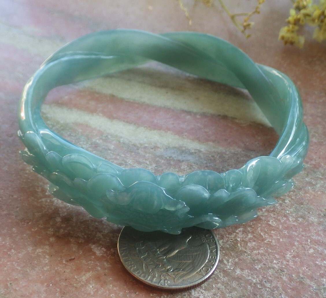 Video Certified Large Green A JADE Jadeite Flower Bangle Bracelet 69mm 200433 AS