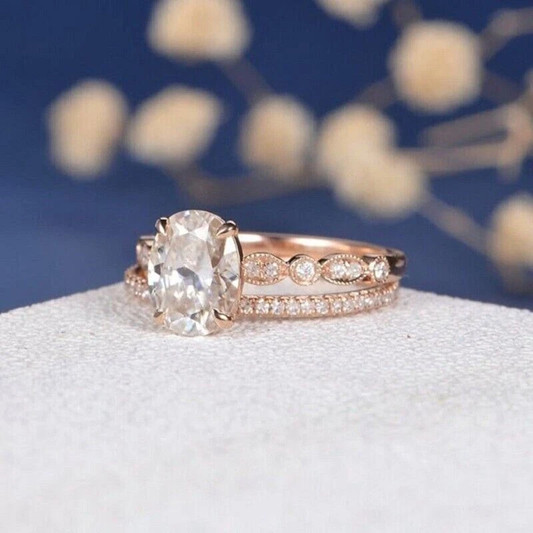 3CTW Oval VVS1 Moissanite Solitaire Wedding Band Ring Set 14K Rose Gold Plated