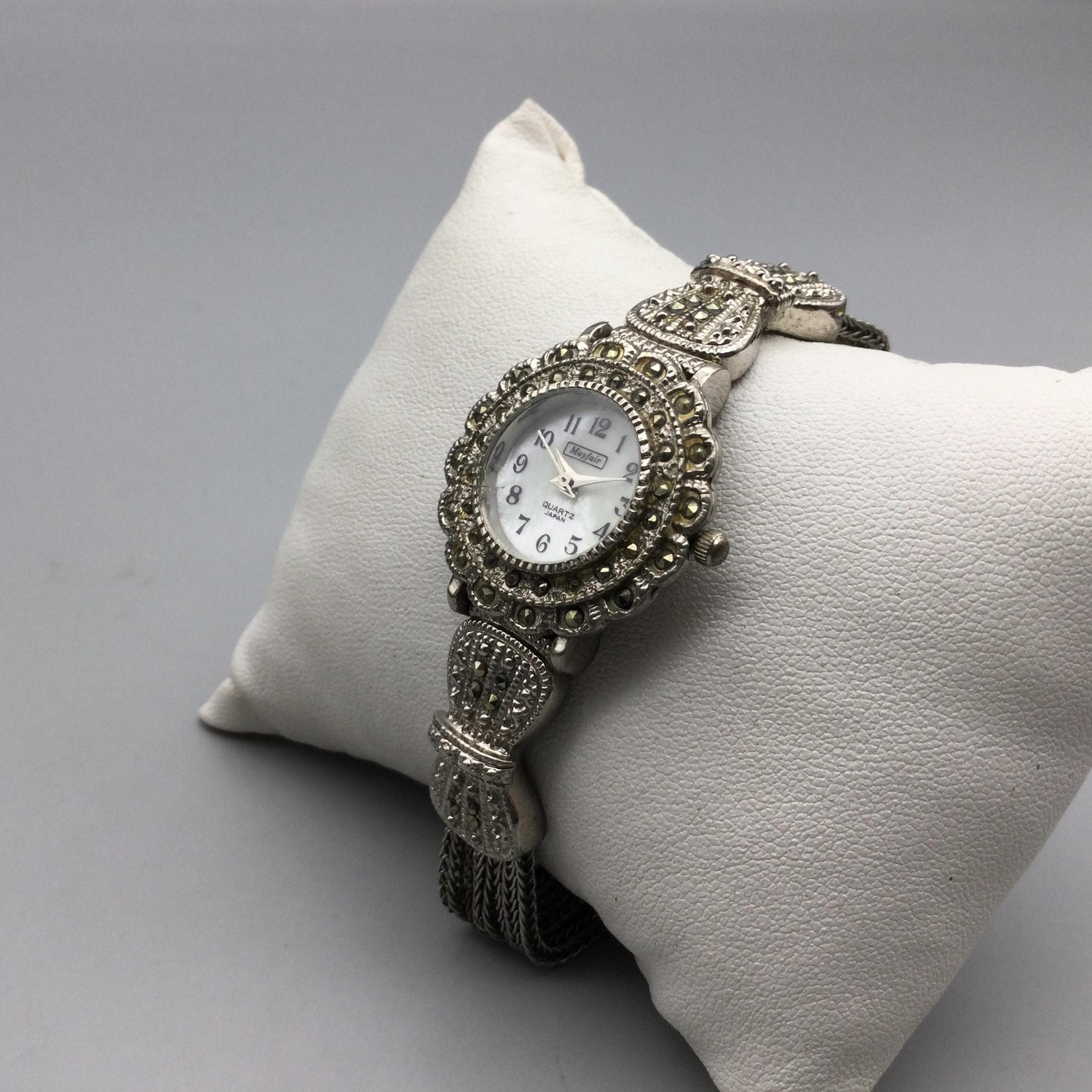 Mayfair Womens Watch 27mm White MOP Dial Silver Tone Marcasite New Battery 7.25″