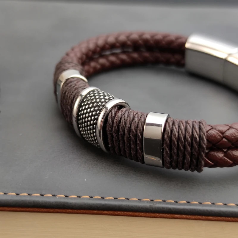 PU Leather Bracelet Multilayer Stainless Steel Bead Charm Men Wrist Jewelry