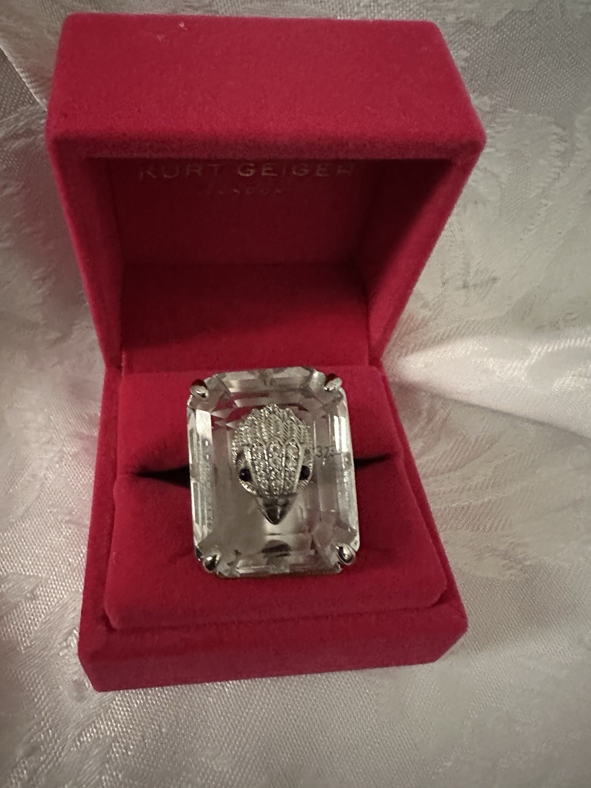 KURT GEIGER LONDON CRYSTAL COCKTAIL SQUARE RING L SZ 8 RED VELVET BX NEW