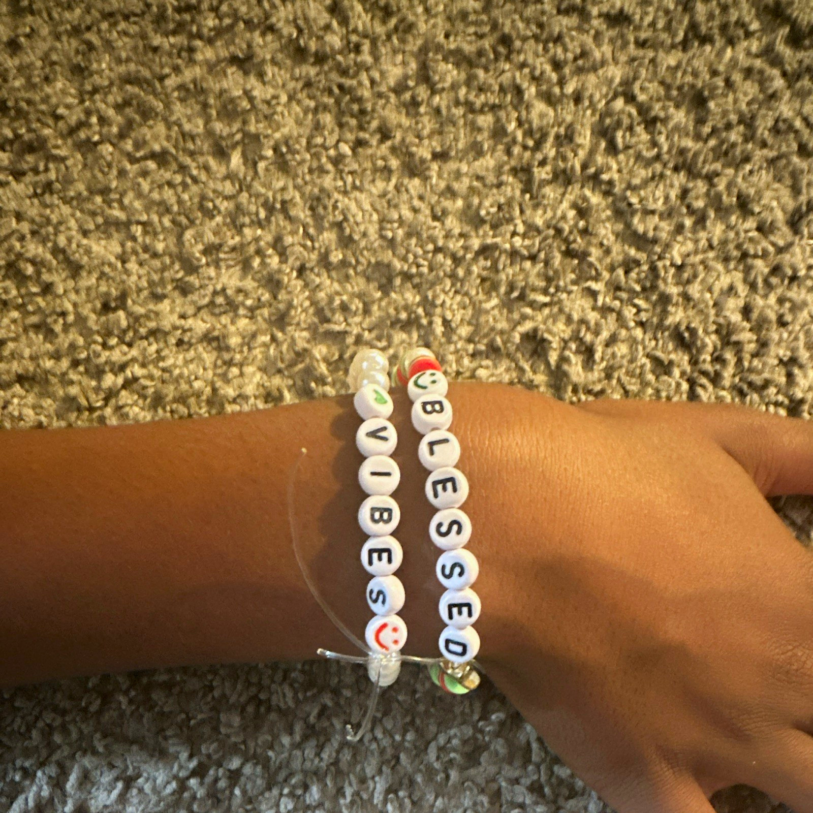 Set of 2 White Beaded Bracelets Plastic Alphabet Letter Beads VIBES BLESSED