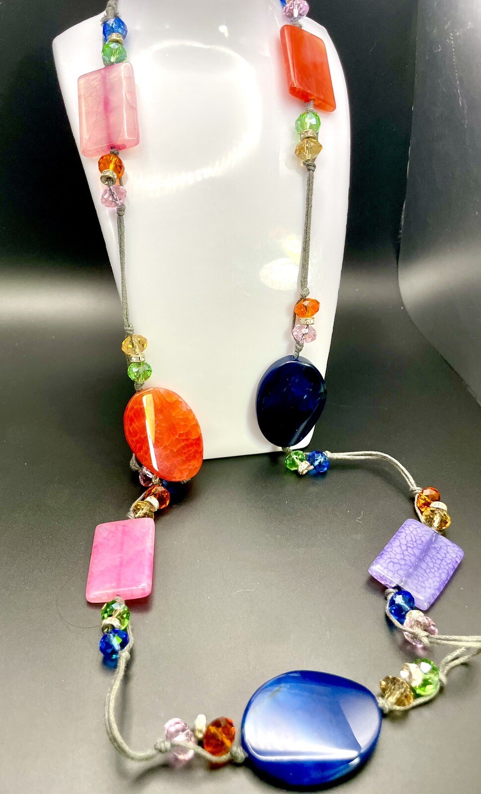Quartz gemstone necklace, Long 38″. Cut Crystal Beads & Rhinstone Spacers.