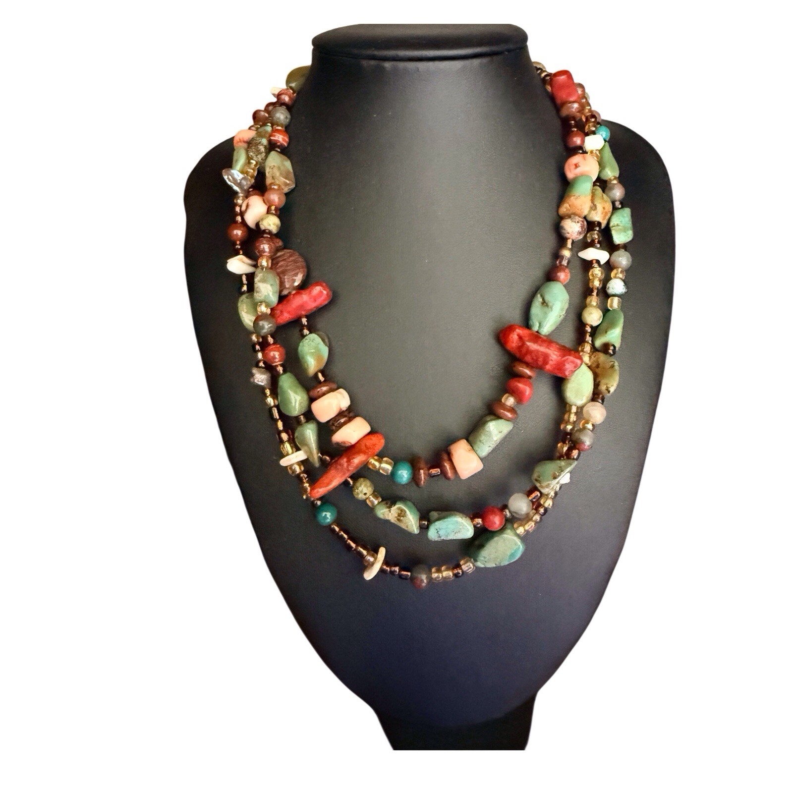 Southwestern Gemstone Necklace 3 Strand Turquoise Coral Agate Glass Silver Pl 10
