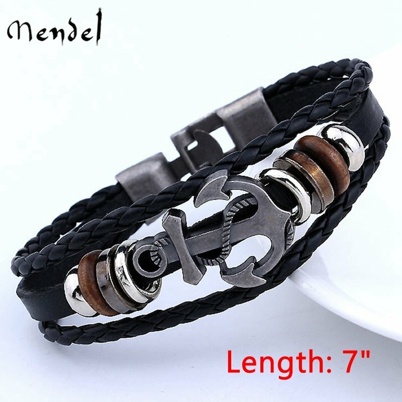 MENDEL Mens Sailor Beach Nautical Anchor Bracelet Leather Wristband Men Black