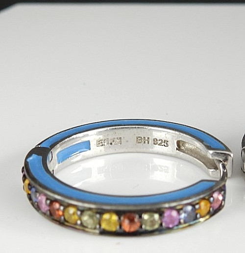 Vintage EFFY Balissima 925 Sterling Silver Enamel Multi Gemstone Hoop Earrings