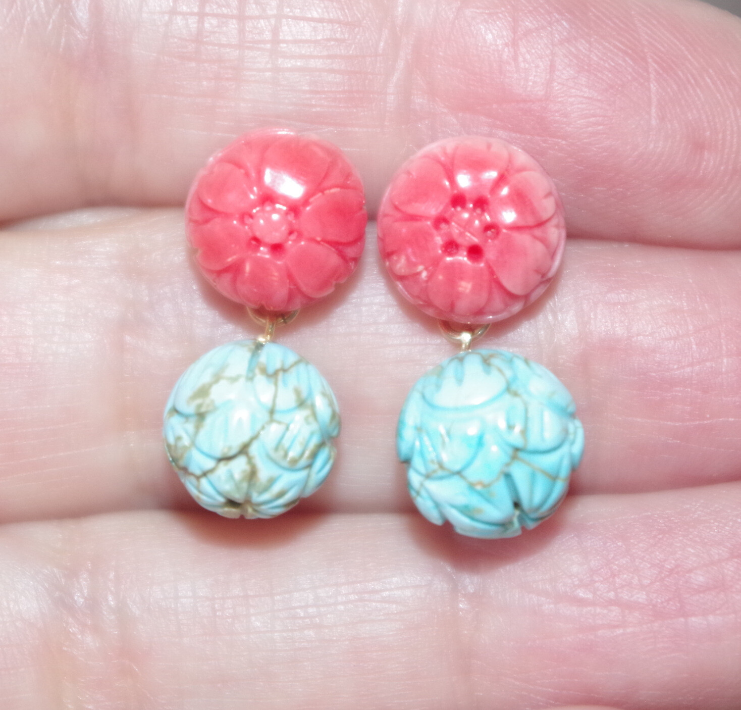 VINTAGE 1OK GENUINE 6 MM ZIRCON STUD EARRINGS W 10 MM TURQUOISE BALL JACKETS