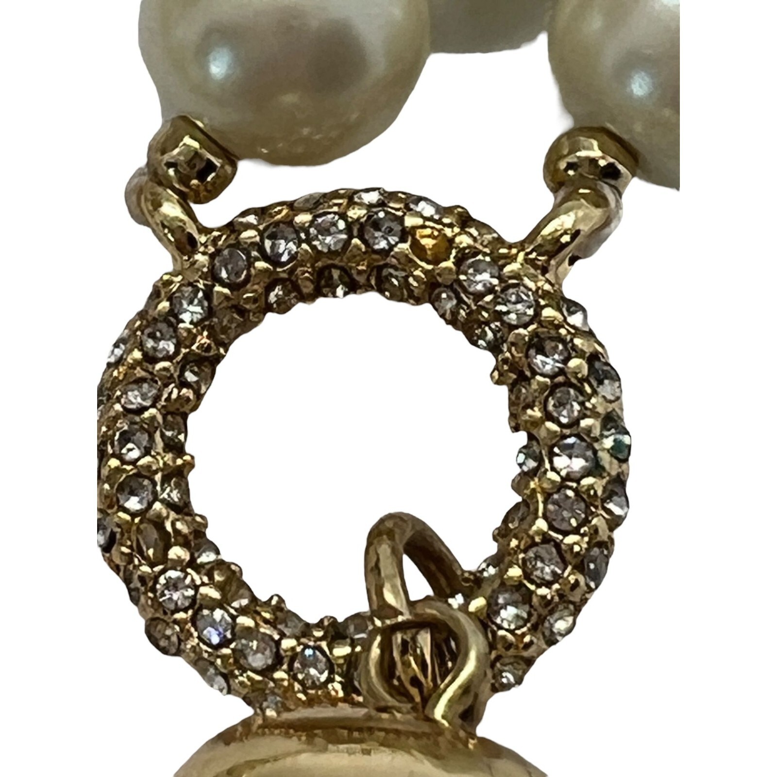 Ann Taylor Gold Tone Faux Pearl Tassel Necklace Clear Rhinestones 29″ Long