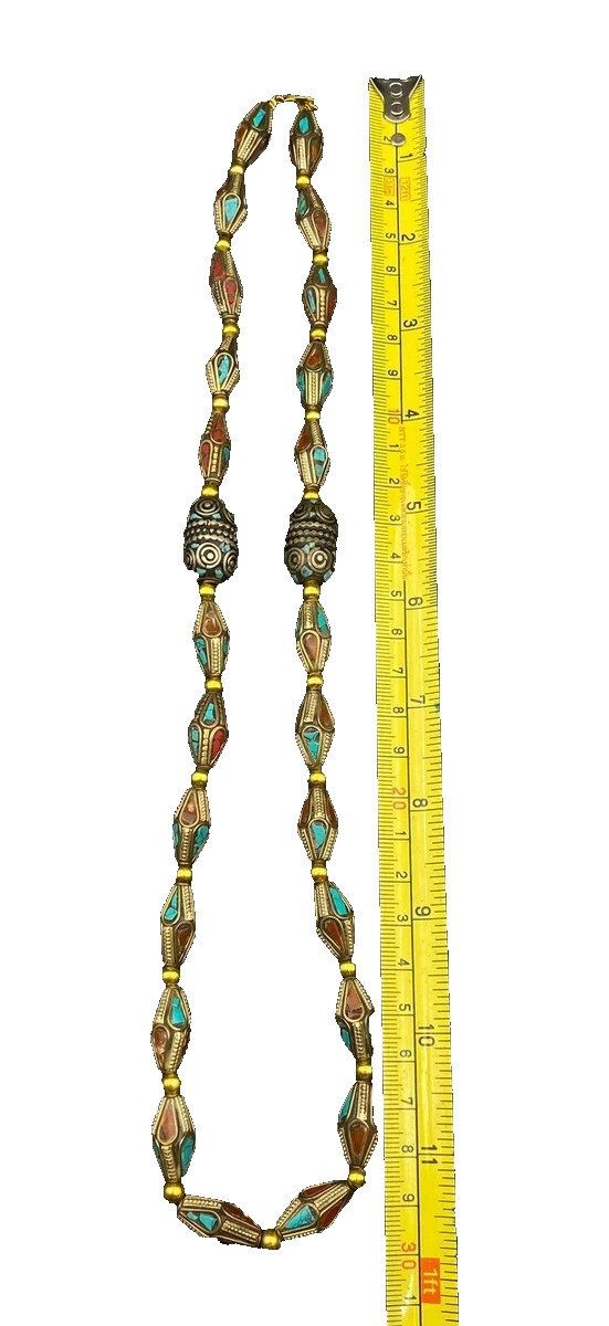 Vintage Tibetan Nepalese Turquoise Coral Inlay Beaded Necklace – Ethnic Brass