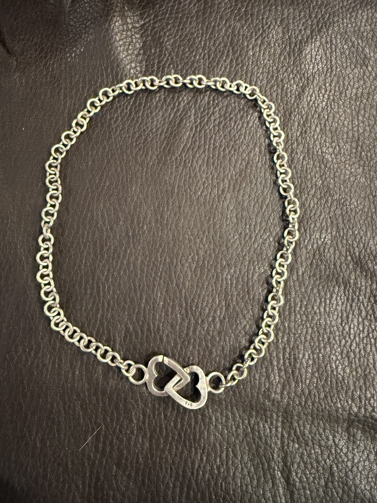 Vintage Sterling 925 Round Chain Link TWO HEART Front Clasp Necklace 16” chain