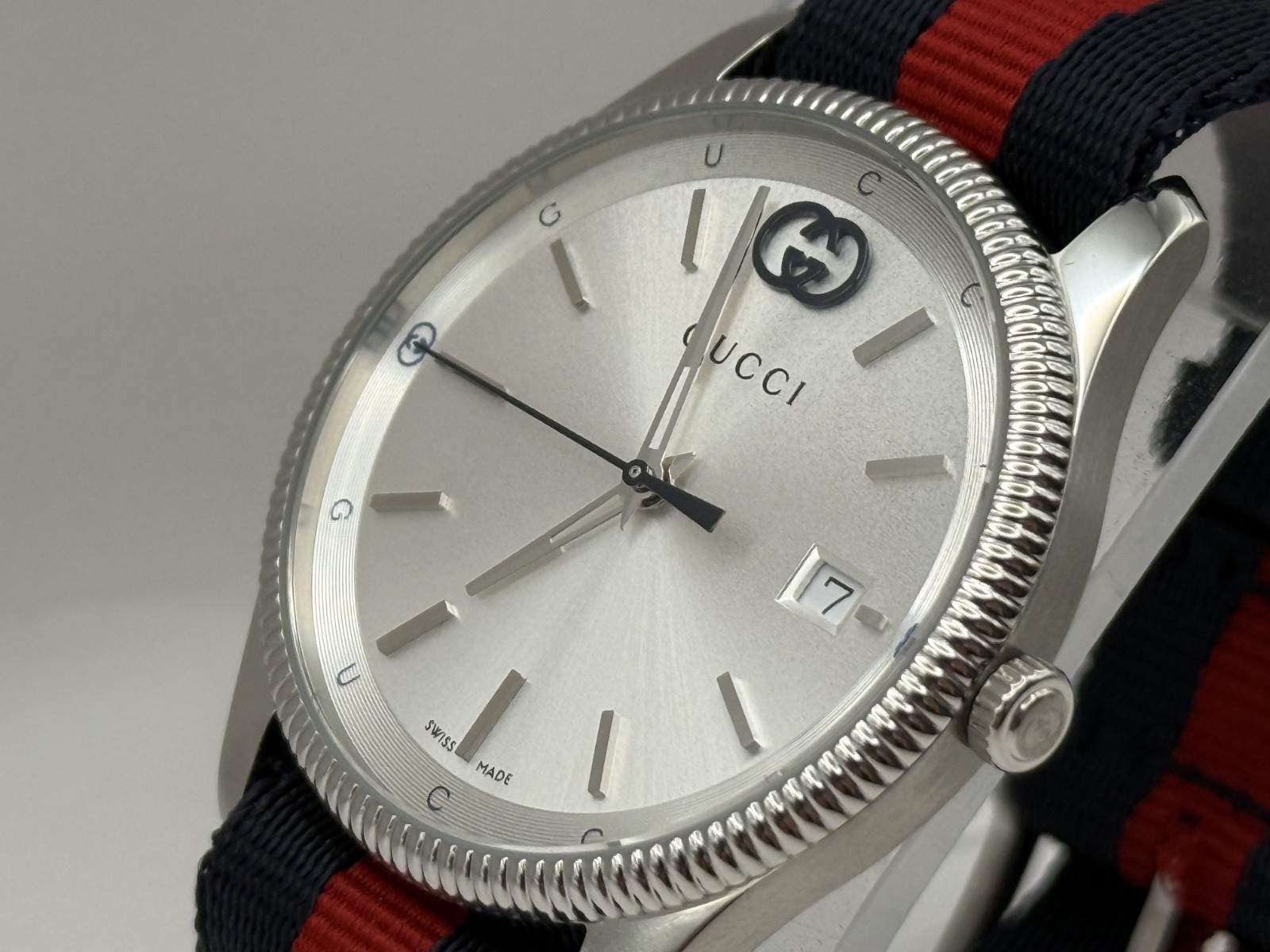 Gucci G-Timeless Silver Dial Blue and Red Nylon Strap Watch 38mm YA1264237