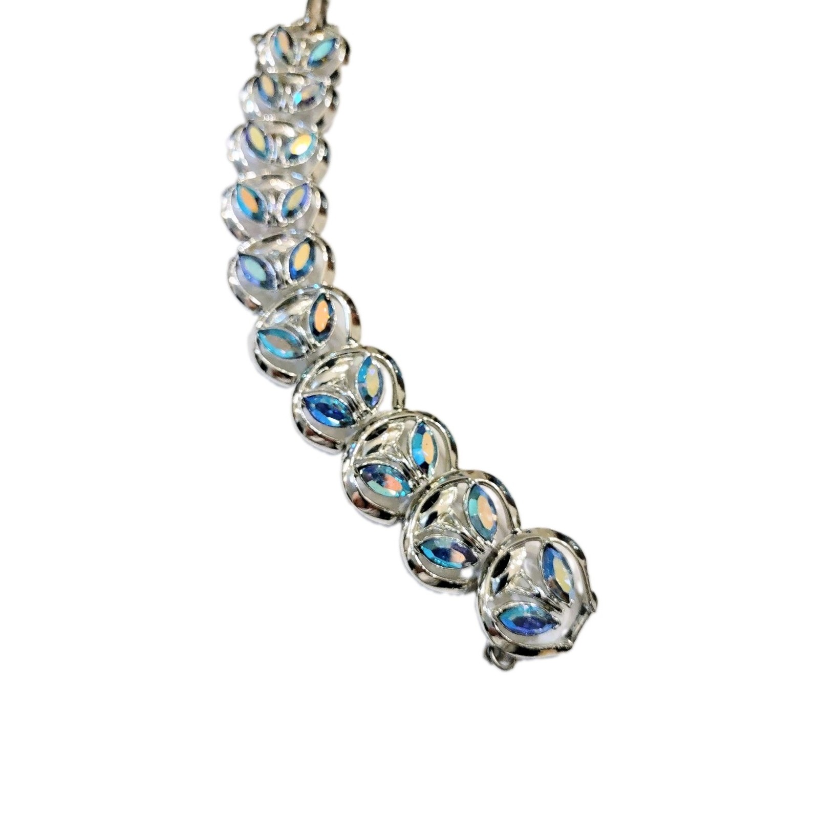 Stunning Signed Sparkly CORO Bracelet with Blue AB Rhinestones Rhodium Back