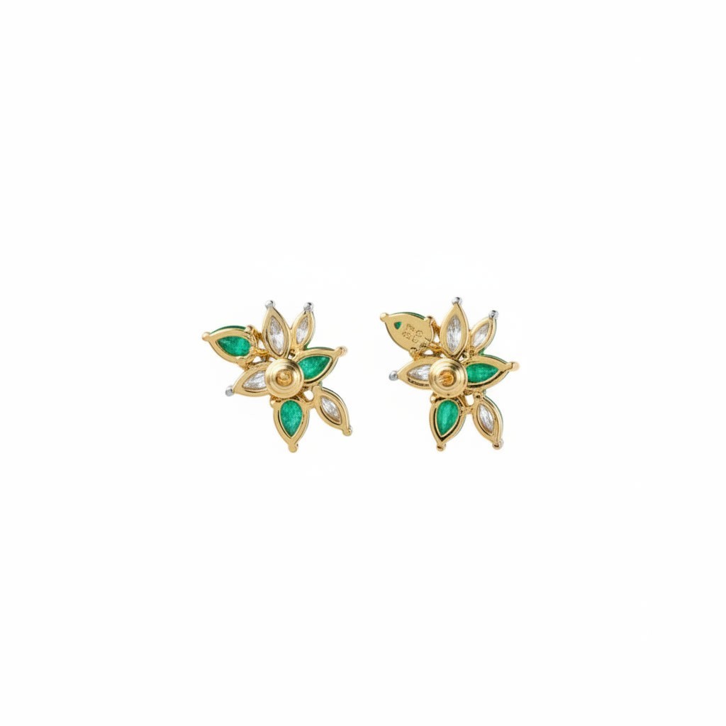 Natural Emerald Flower Cluster Stud Earrings 3x4mm Platinum Plated