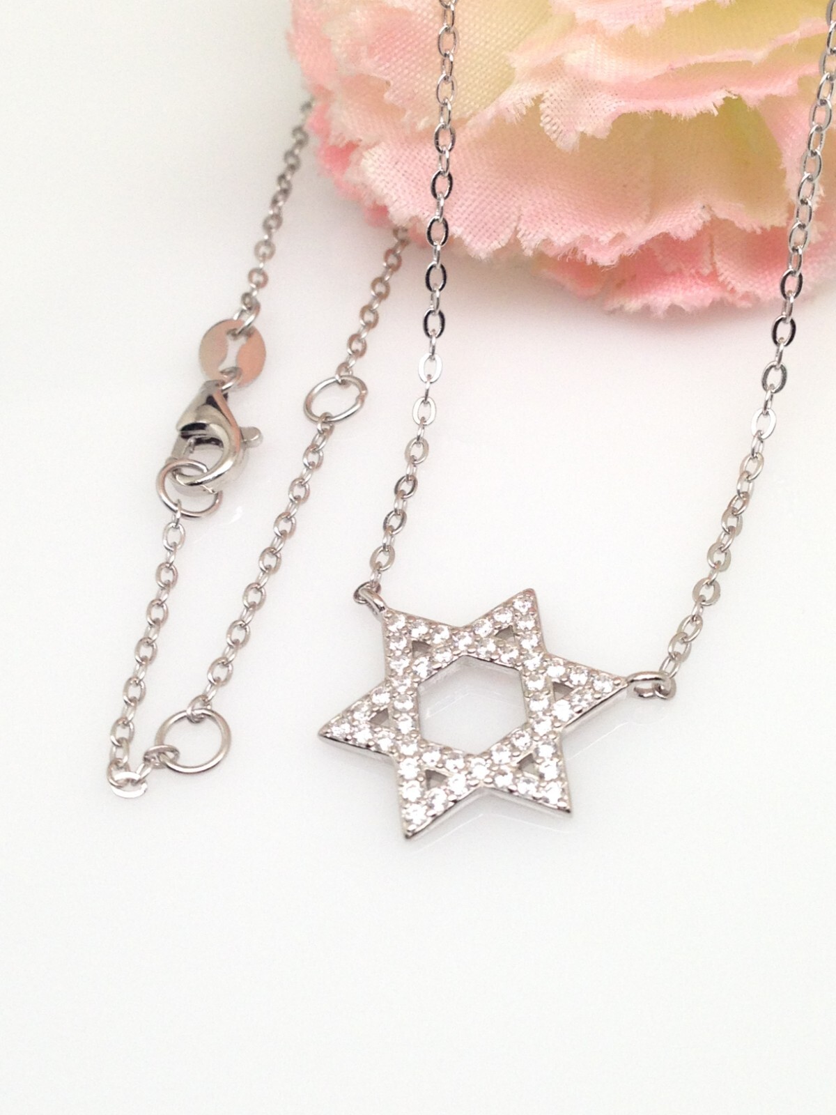 925 Sterling Silver Cz Star of David Pendant Necklace Womens 14.5mm(0.57″) 17.5″