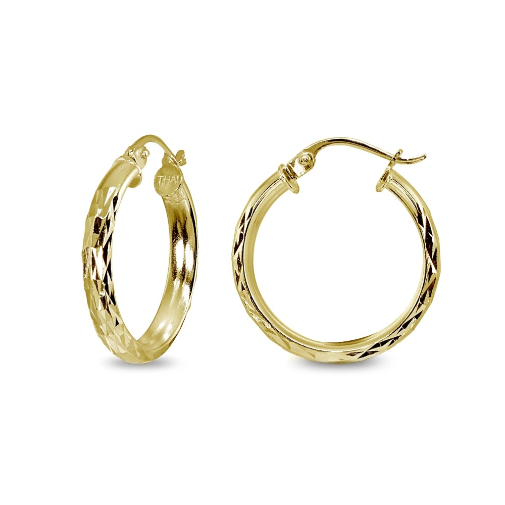 3x30mm Diamond-Cut Round Click-Top Gold Plated 925 Silver Small Hoop Earrings
