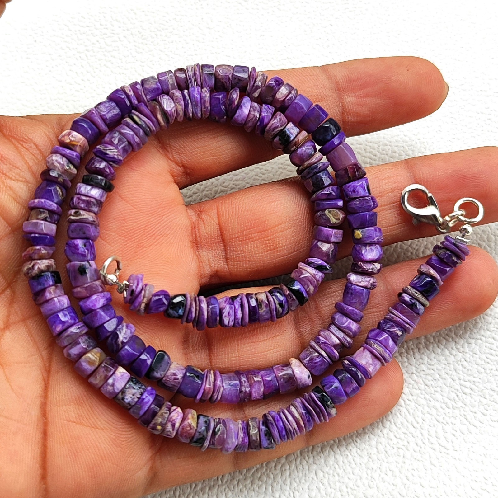 Natural Charoite Necklace 5-6mm Smooth Heishi Beads 17″ Purple India Gemstone