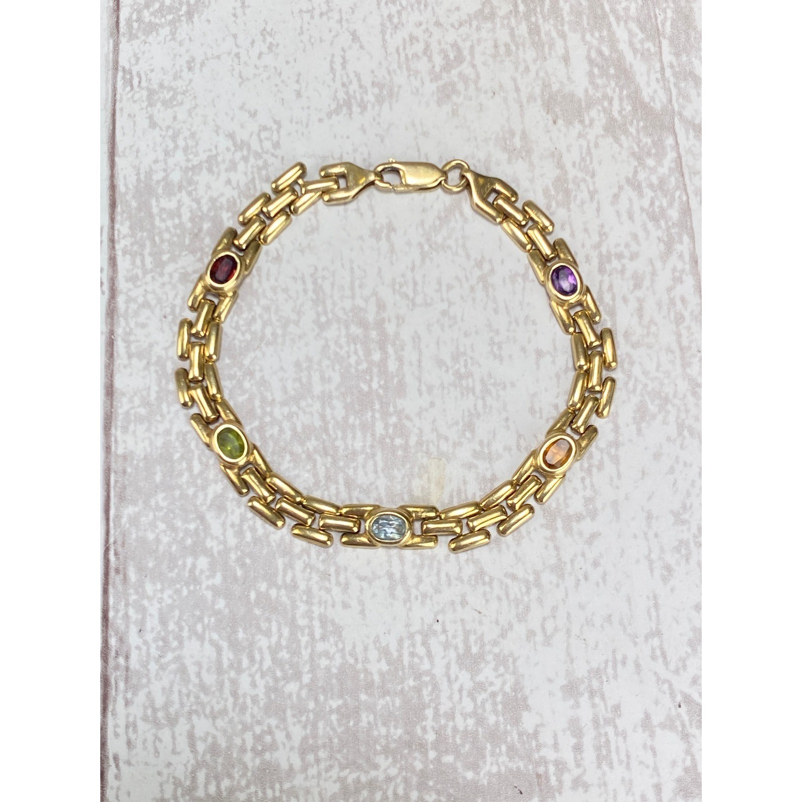 Estate 14k Yellow Gold Panther Link Multi Gemstone Rainbow Bracelet 7.25in