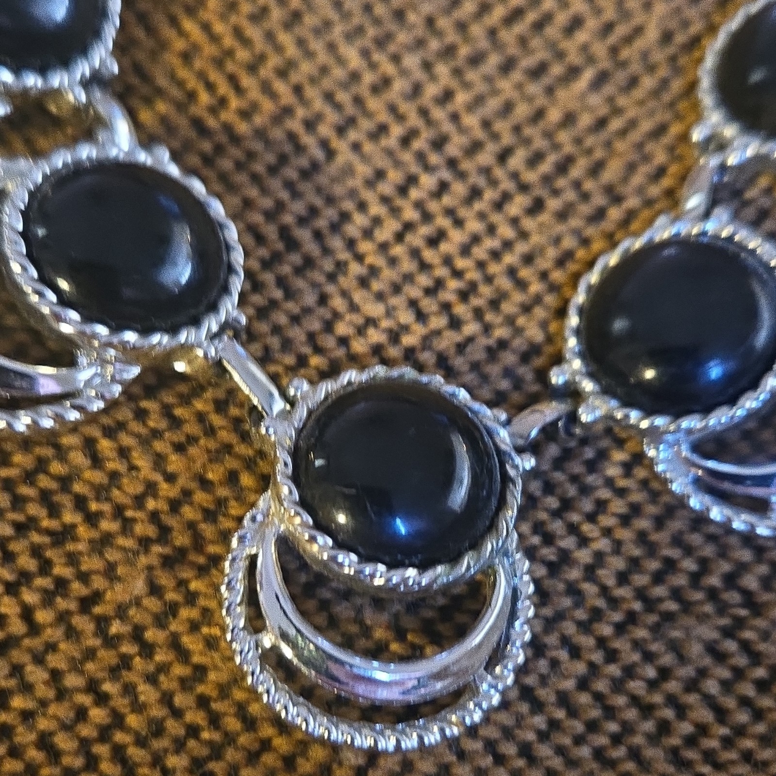 925 Silver Tone Station Link Statement Necklace 7 Black Cabochon Lobster
