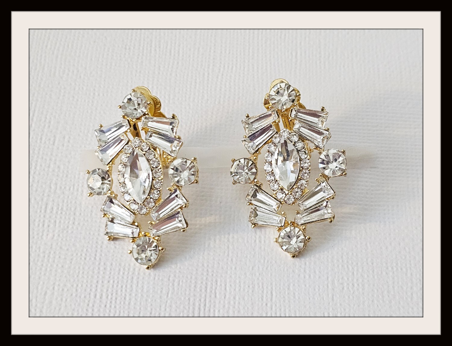 Vintage Inspired Large Clear Crystal CLIP Earrings Gold Plated Special Occasion