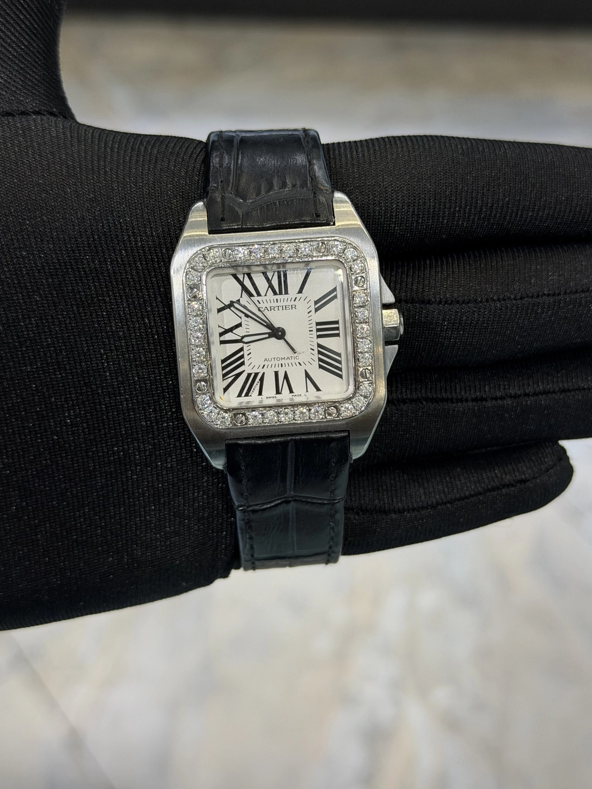 Cartier Santos 100 White Roman Dial on Black lather 2878 with Box