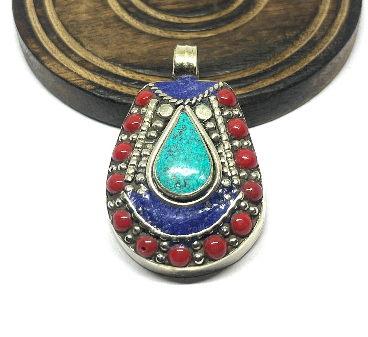 Red Coral, Turquoise Gemstone Tibetan Style Boho Pendant Jewelry, 1.6 inch