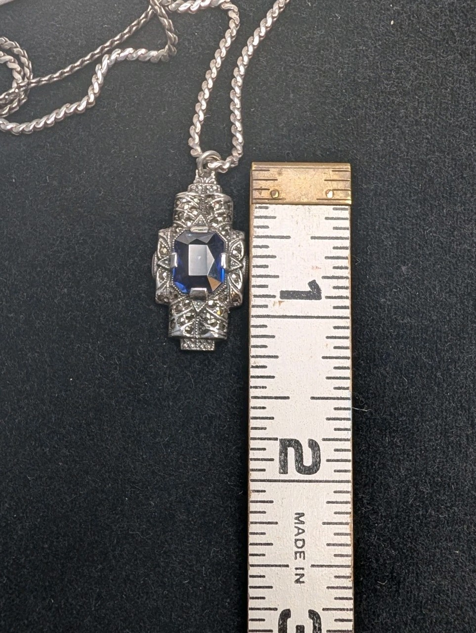Uncas Manufacturing Sterling Sapphire Marcasite Art Deco Pendant And Chain 925