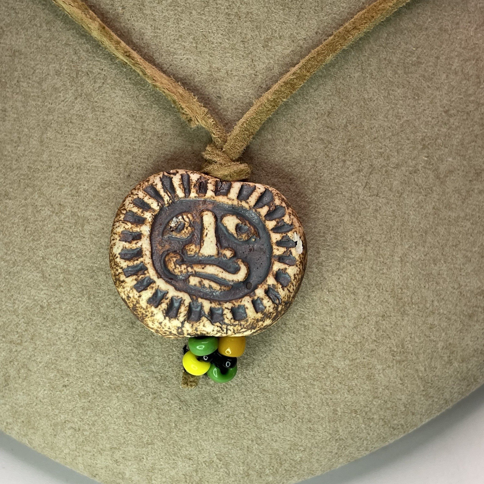 1970s Vintage Cermic Charm necklace Glass Beads Leather Cord Approx 24” Handmade