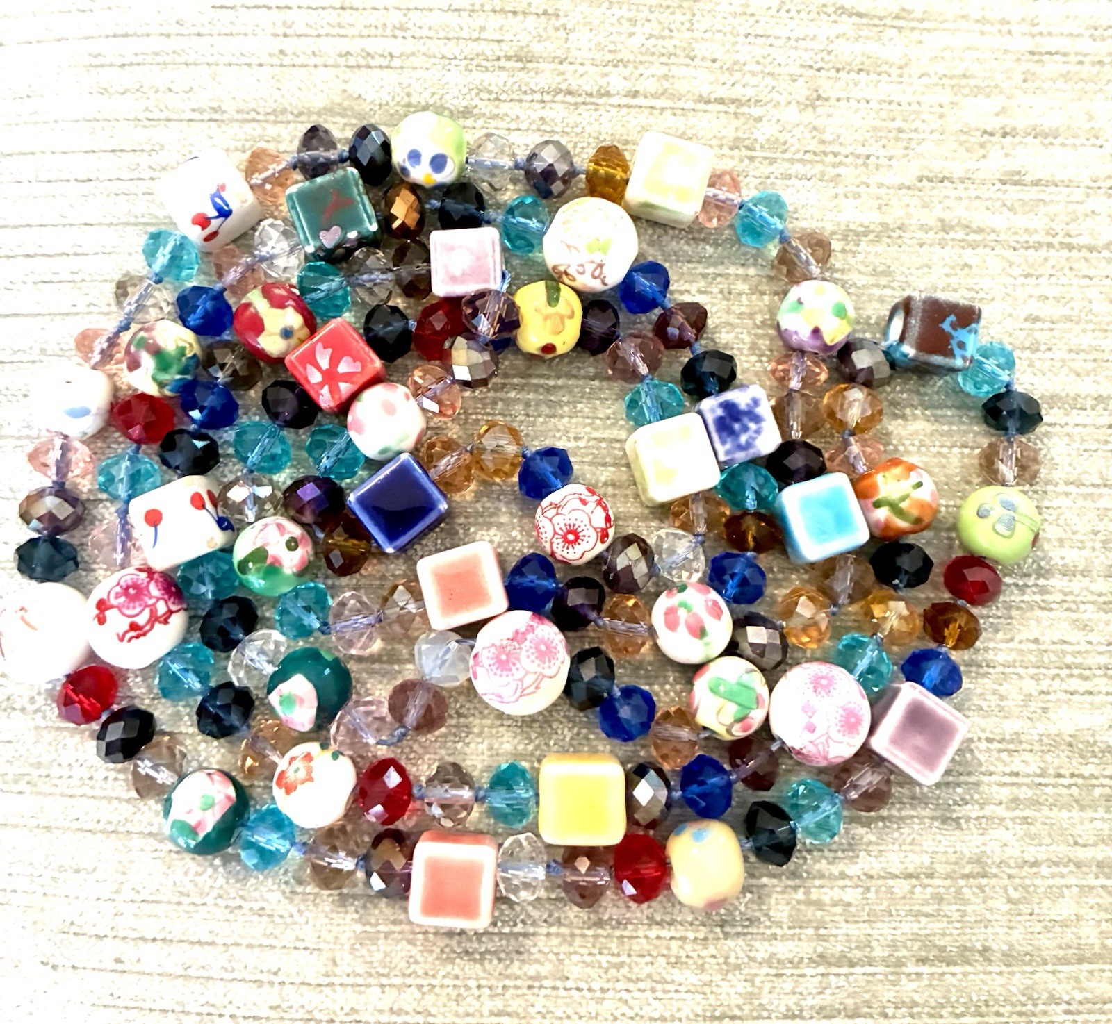 Necklace Colorful Mixed Media~Glass Beads,HandPainted Ceramic Sq/Rnd Beads 22”