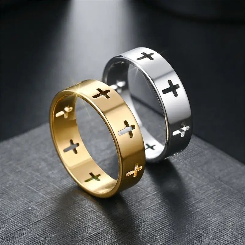 Stainless Steel Cross Hollow Ring Gold Color Cutout Band Wedding Style Rings