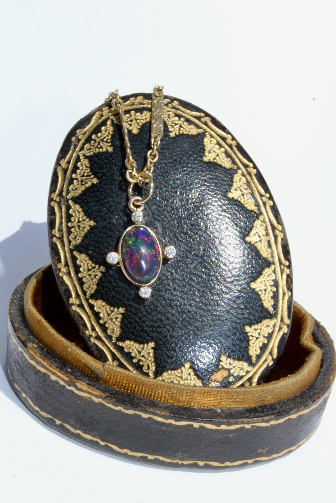 Black Opal Cabochon & Diamond Pendant, 2.12 Carats 14K Gold