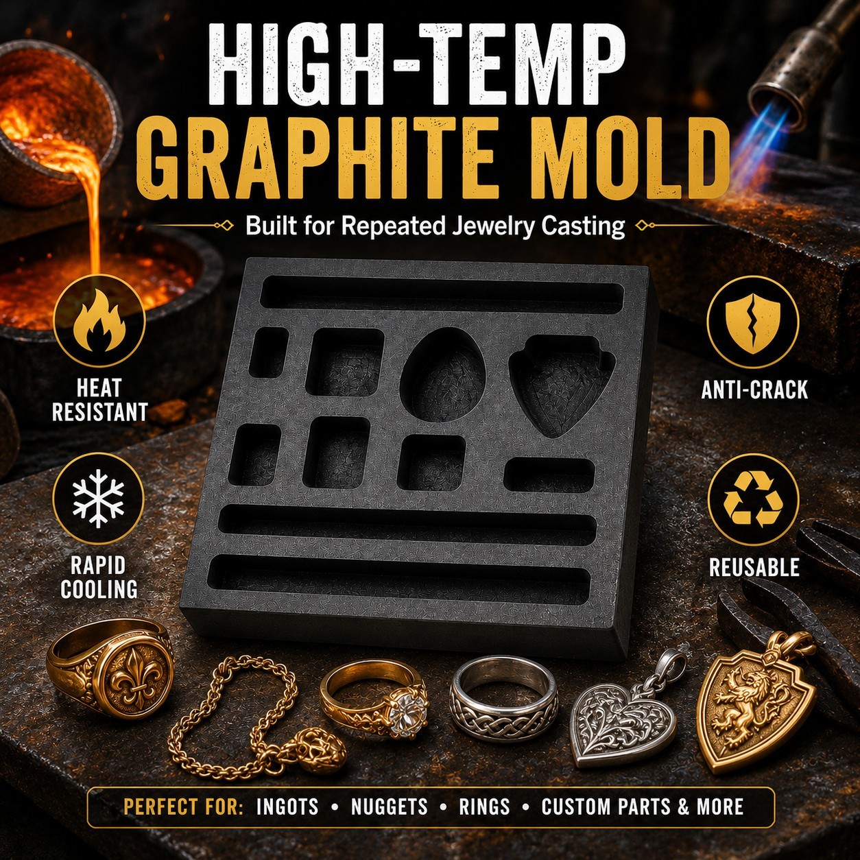 Graphite Ingot Mold 4x4in 11 Cavities Gold Bar Coin Scrap Melting Cast Tool