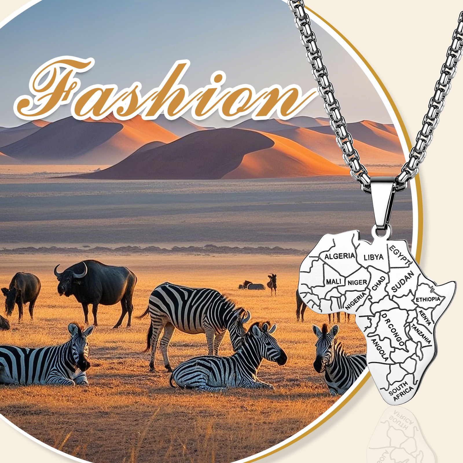 Men’s African Necklace Stainless Steel Africa Map Pendant Necklace 22 Inch Chain