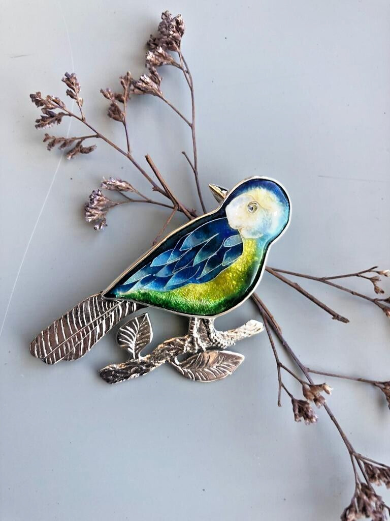 Sterling Silver handmade minankari – cloisonne enamel- brooch – bird
