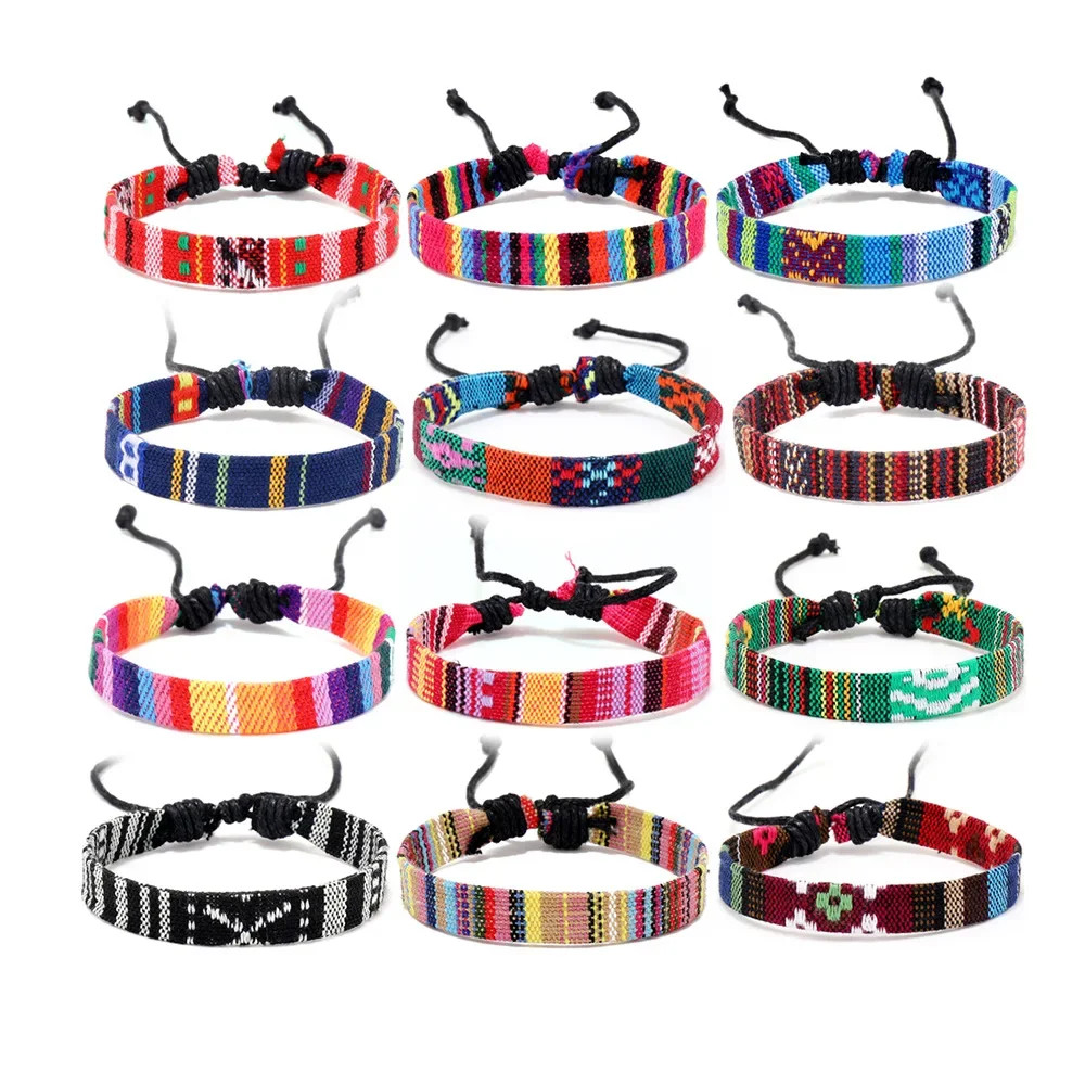 Braided Rope Bracelets Adjustable Cotton Colorful Fabric Lace Up Jewelry 12PCS