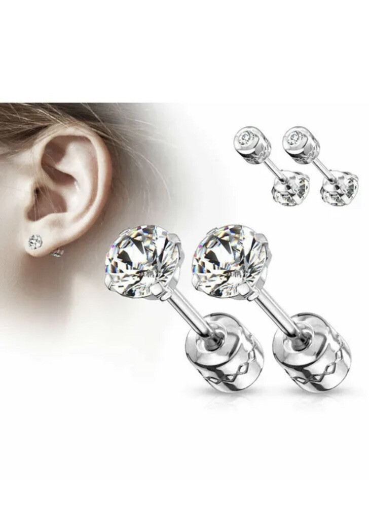 2PCS Silver Stainless Steel Round CZ Earrings Screw Back Ear Stud for Men Women